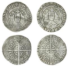 Hammered - English Silver Richard II (1377-99), Halfgroats (2), Tower, type III/II mule, 1.67g, 7h, m.m. cross pattée, reads fra, trefoils on cusps, double saltire stops, lombardic ns, rev. double sal