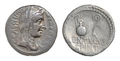 C. Cassius, AR Denarius, military mint, Smyrna (?), 42 BC, moving with Brutus and Cassius, veiled head of Libertas right, c.cassi.imp.libertas, rev. jug and lituus, lentvlvs spint below (Cr. 500/5; Sy