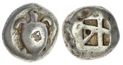 Ancient Greece and the Hellenistic Empires Saronic Islands Aegina, AR Stater, C.480-457 BC, Sea turtle viewed from above, rev Skew pattern incuse with 5 compartments, 12.53g, (HGC 6, 435. Meadows Grou