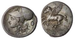 Ancient Greece and the Hellenistic Empires (x) Corinthia Corinth, AR Stater, C. 375-300BC, Pegasus flying left, koppa ( Q ) below, rev Bust of athena left, helmeted and necklaced, A below truncation, 