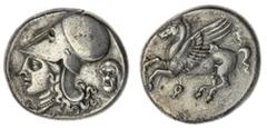 Ancient Greece and the Hellenistic Empires Corinth Corinthia, AR Stater, C.345-320BC, Helmeted head of Athena to left; below, A L, to right, mask of Silenos facing, rev Pegasus with pointed wing flyin
