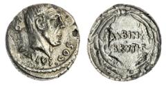 The Roman Republic Roman Republic Decimus Iunius Brutus Albinus, Postumius head facing right, A POSTVMIVS COS in legend, rev Wreath of corn ears, ALBINV. BRVTI F in centre, (Crawford 450/3b ; Sydenham