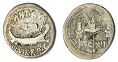The Roman Republic Roman Republic Marc Antony, AR Denarius, 32-31BC, Praetorian galley, ANT AVG at the top, III VIR R P C at the bottom rev Aquila between two legionary standards, LEG XII in between, 