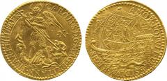 British Coins and Medals. Charles I, pattern angel, by Nicholas Briot, mm. B (1631-39), St. Michael slaying the dragon, mark of value X for 10 shillings above the dragon’s head, legend CAROLVS D G MAG