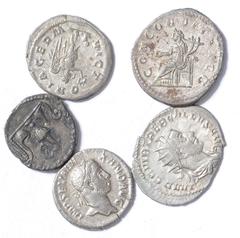 Ancient Coins Caracalla, as Caesar, denarius, Rome, AD 196, M AVR ANTONINVS CAES, bare-headed, draped and cuirassed bust r., rev. SEVERI AVG PII FIL, lituus, axe, jug, simpulum and sprinkler, wt. 3.23