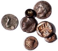 Ancient Coins Mixed Greek AR coins (7), including Calabria, Tarentum, litra, c. 470-450 BC, female head l., rev. cockle shell in linear circle border, wt. 0.63gms. (Vlasto 1162; HN Italy 840); Macedon