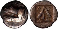 Ancient Coins Argolis, Argos, triobol, c. 270-250 BC, forepart of wolf l., Θ above, rev. large A flanked by Δ-E across upper fields, eagle standing r. on harpa below, all within shallow incuse square,