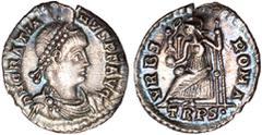 Ancient Coins Gratian, siliqua, Treveri, AD 367-378, D N GRATIANVS P F AVG, pearl-diademed, draped and cuirassed bust r., rev. VRBS ROMA, Roma enthroned l., holding Victory on globe and sceptre, TRPS•