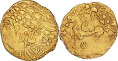 British Gold Gallo-Belgic, Ambiani or Bellovaci, uninscribed coinage (c. 150-100 BC), gold stater, series A, large flan, stylized laur. head of Apollo l., wreath enlarged into an elaborate head decora