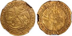 British Gold Elizabeth I, sixth issue, angel, mm. escallop over A on each side (1583-1587), beaded inner circles, St. Michael slaying the dragon, ELIZABETH D G ANG FR ET HIB REGINA, rev. ship bearing 