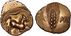 British Gold Celtic coinage, Trinovantes and Catuvellauni, Cunobelin (c. early AD 1st century – c. AD 40), gold stater, c. AD 10- AD 40, 'plastic' type, Camulodunum (Colchester), corn ear dividing (CA