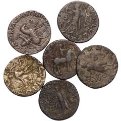 Ancient Coins Indo‑Skythians, Azes II, tetradrachms, c. 35‑12 BC (6): BAΣIΛEΩΣ BAΣIΛEΩN MEΓAΛOY AZOY, king on horseback r., holding whip aloft, Kharosthi letter before, rev. Kharosthi legend around Ze