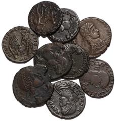 Ancient Coins Centenionales (9): Decentius, as Caesar, Arelate, AD 351‑353, D N DECENTIVS CAESAR, bare‑headed and cuirassed bust r., A behind, rev. VICTORIAE DD NN AVG ET CAE, two Victories facing eac