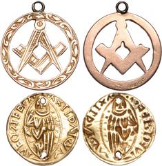 Miscellaneous Masonic, small gold openwork fob of square and dividers, Birmingham Hallmark, 1907, 9ct., wt. 2.3gms, 22.5mm; jeweller's copy of a Venetian ducat, brockage, wt. 1.01gms., twice pierced, 