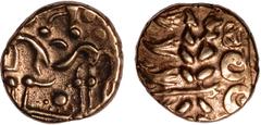 BRITISH GOLD Celtic Britain, early uninscribed issue, gold stater, c.50 BC, British H, North-East Coast, devolved head of Apollo, rev. disjointed horse l., vertical legs, rosette below, pellets above,