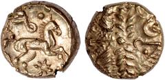 BRITISH GOLD Celtic Britain, early uninscribed issue, gold stater, c.50 BC, British L, Whaddon Chase type, devolved head of Apollo, rev. spirited horse r., star below, pellets above, wt. 5.76gms (S.32
