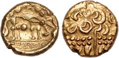 BRITISH GOLD Celtic Britain, early uninscribed issue, gold stater, c.50 BC, British J, Norfolk, Wolf type, devolved head of Apollo, rev. wolf stg. r., pellet below, exergual line with wavy line below,