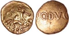 BRITISH GOLD Celtic Britain, Dobunni, Bodvoc, gold stater, c.15-10 BC, Boduoc Bold, BODVO(C) in field, rev. triple-tailed horse to r., wheel beneath, cross, crescent and two ringed pellets above, wt. 