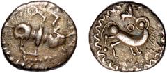 ANCIENT COINS Celtic Germany, Hesse and Rhineland region, probably the Oppidum on the Dünsberg near Gießen, silver quinar c. 65-45 BC, 'Dancing male' right with legs spread, holding torques in l. hand