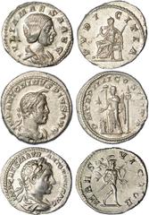 ANCIENT COINS Roman Empire, Elagabalus (218-222 AD), denarius, IMP ANTONINVS PIVS AVG, laur., dr., horned bust r., rev. P M TR P IIII COS III P P, Elagabalus stg. l., sacrificing from patera over alta