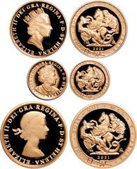 BRITISH GOLD Saint Helena, Elizabeth II, proof sovereign 3-coin collection, 2021, 95th Birthday, sovereign to quarter sovereign, young laur. head r./young crowned bust r./diad. bust r., rev. St. Georg