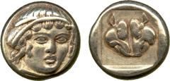 Ancient Coins Greek Coins. Mytilene , electrum hekte, c.450-400 BC, head of nymph three-quarters facing, rev. two facing boars’ heads, wt. 2.54gms. (S.-), light scratches on reverse, otherwise good ve