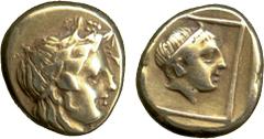 Ancient Coins Greek Coins. Mytilene , electrum hekte, c.450-330 BC, laur. male head r., rev. small male head r. within square, wt. 2.54gms. (S.-), very fine, scarce £250-300