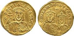 Ancient. Coins Byzantine Coins. Theophilus (AD 829-842), solidus, bust facing, with short beard, wearing crown and chlamys and holding patriarchal cross and akakia, rev. +MIXAHL S CONSTANTIN , facing 