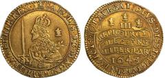 Charles I, triple unite, Oxford mint, mm. plume with bands on obverse only, 1643, crowned taller bust l., holding sword and olive branch, no scarf, rev. Declaration on continuous scroll, three plumes 