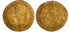 Edward VI, third period, 'fine' sovereign of 30 shillings, mm. ostrich head on both sides (1551), crowned figure of king enthroned facing, wearing robe and holding orb and sceptre, portcullis at feet,
