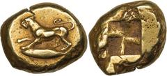 ANCIENT COINS, GREEK COINS, Mysia , Kyzikos (500-450 BC), electrum stater, lioness or panther running on tunny, rev . quadripartite incuse square, wt. 16.10gms. (Von Fritze 86; Rosen 463), some edge s