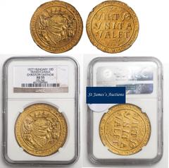 † - Transylvania, Christoph Báthori, 10 ducats, 1577, authenticated and graded by NGC as About Uncirculated 55, Hermannstadt, crowned armorial shield with angel supporters, rev. VIRTVS / VNITA / VALET