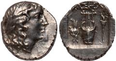Lycia, Lycian League, Phaselis (after 168 BC), silver drachm, laur. head of Apollo r., rev. lyre in a shallow incuse square, ΦΑΣΗΛΙ above, headdress of Isis to l., torch to r., wt. 2.58gms. (S.5340), 
