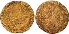 British Coins, Elizabeth I, sixth issue, ship ryal of 15 shillings, mm. escallop (1585-87), London, crowned queen wearing ruff stg. facing on ship, holding orb and sceptre, Tudor rose at centre, E on 