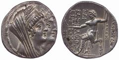 Ancient Coins Seleukid Kingdom No.: 13 Estimate: £ 700 Seleukid Kingdom, Cleopatra and Antiochus VIII, 125-121 B.C. silver tetradrachm, conjoined heads r., rev. Zeus enthroned l., holding Nike and sce