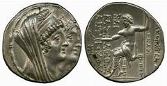 Ancient Coins Seleukid Kingdom No.: 6 Estimate: £ 650.- Seleukid Kingdom , Cleopatra and Antiochus VIII, 125-121 B.C., silver tetradrachm, conjoined heads r., rev. Zeus enthroned l., holding Nike and 