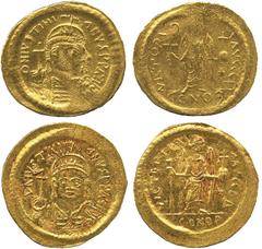 Ancient Coins, Byzantine Gold. Justinian I (AD 527-565), solidi (2), D N IVSTINIANVS PP AVG, Justinian seated facing in consular robes, holding mappa and cross, in ex. CONOB, rev. VICTORIA AVGGG (foll