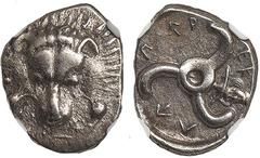 Ancient Coins, Lycia, Pericles (c. 390-360 BC), tetrobol, lion scalp facing, rev. triskeles, head of Hermes in field, wt. 3.12gms. (S.5242), certified and graded by NGC as Choice Very Fine - Strike 4/