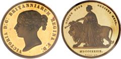 British Coins Victoria, proof five pounds, 1839, 'Una and the Lion', DIRIGE legend, nine leaves to rear fillet, young head l., rev. crowned figure of the queen as Una, stg. l., holding orb and sceptre