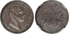 Indian Coins India, East India Company, William IV, silver proof quarter rupee, 1835C, original proof or very early restrike (within 10-20 years of the original), WILLIAM IIII, KING, bare head r., rev
