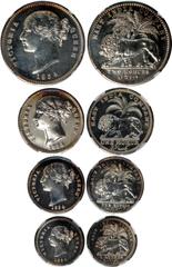 Indian Coins India, East India Company, Victoria, silver proof restrike set, 1854, two mohurs; mohur; ten rupees; five rupees, off metal restrikes in silver, VICTORIA QUEEN, young head l., rev. EAST I
