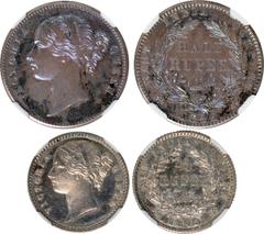 Indian Coins India, East India Company, Victoria, 1849, restrike proofs (2): half rupee; quarter rupee, VICTORIA QUEEN, young head l., rev. EAST INDIA COMPANY, value within wreath, date below (SW.3.43