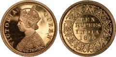 Indian Coins India, Victoria, gold early restrike proof ten rupees, 1870C, VICTORIA QUEEN, crowned bust l., rev. value, country, and date, all within border of scrolling foliage (SW.4.18), certified a