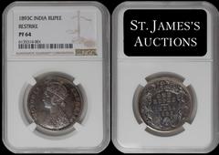 Indian Coins India, Victoria, silver early restrike proof rupee, 1893C, obverse A1, VICTORIA EMPRESS, crowned bust l., rev. value, country, and date, all within border of scrolling foliage (SW. unlist