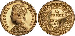 Indian Coins India, Victoria, gold restrike proof quarter rupee, 1893C, off-metal strike in gold, VICTORIA EMPRESS, crowned bust l., rev. value, country, and date, all within border of scrolling folia