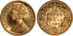 Indian Coins India, Victoria, gold restrike proof quarter rupee, 1898B, off-metal strike in gold, VICTORIA EMPRESS, crowned bust l., rev. value, country, and date, all within border of scrolling folia