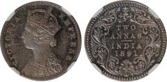 Indian Coins India, Victoria, silver proof two annas, 1891C, VICTORIA EMPRESS, crowned bust l., rev. value, country, and date, all within border of scrolling foliage (SW.6.407), certified and graded b