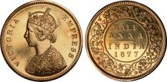 Indian Coins India, Victoria, gold restrike proof half anna, 1877B, off-metal strike in gold, VICTORIA EMPRESS, crowned bust l., rev. value, country, and date, all within border of scrolling foliage (