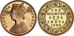 Indian Coins India, Victoria, gold restrike proof quarter anna, 1893C, off-metal strike in gold, VICTORIA EMPRESS, crowned bust l., rev. value, country, and date, all within border of scrolling foliag