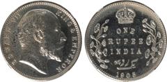 Indian Coins India, Edward VII, silver restrike proof rupee, 1905C, EDWARD VII KING & EMPEROR, bare head r., rev. crowned value and country foliage either side, date below (SW.7.28), certified and gra